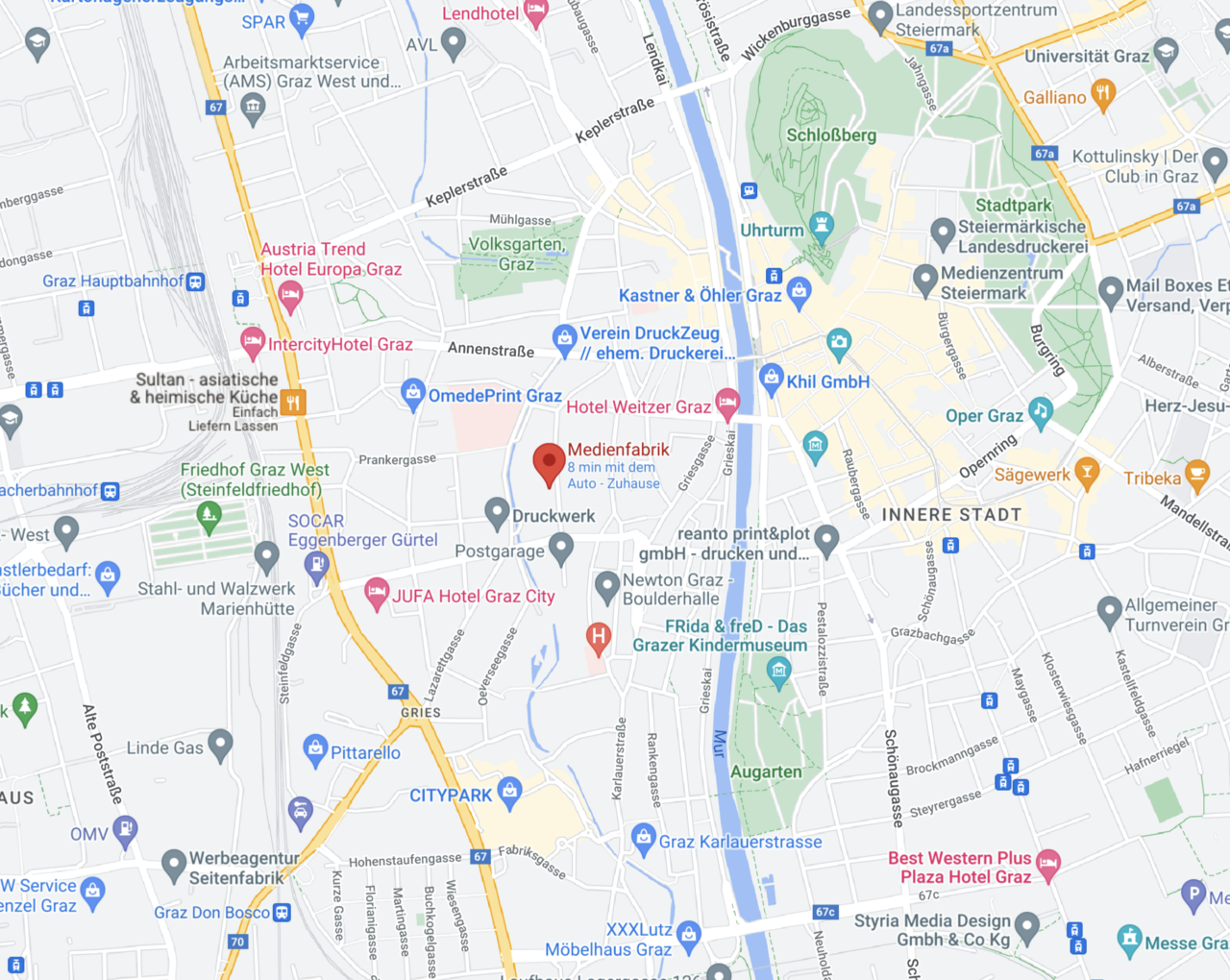 Eine Google Maps Übersicht der Medienfabrik Graz